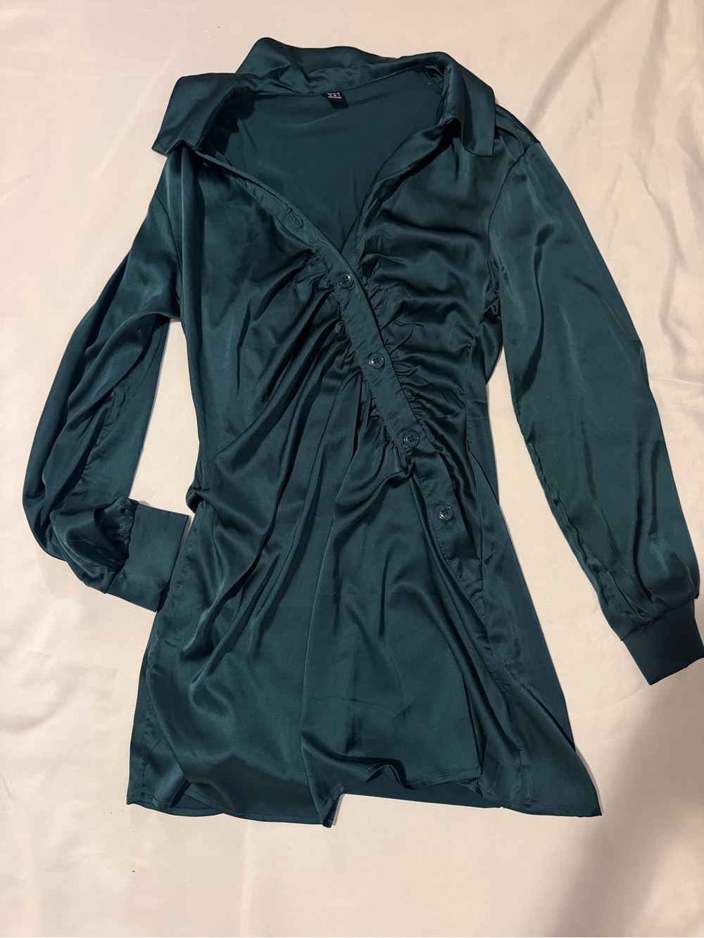 SHEIN Teal Satin Ruched Diagonal Button-Front Long Sleeve Dress